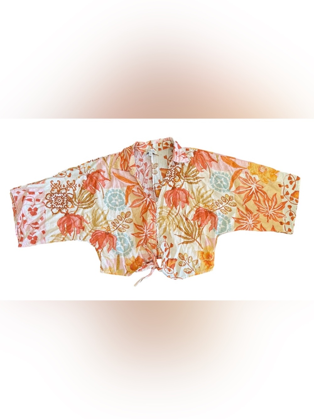RACHEL ZOE size XS Floral Tie Front Cropped Top Linen Blend Kimono Botanical
